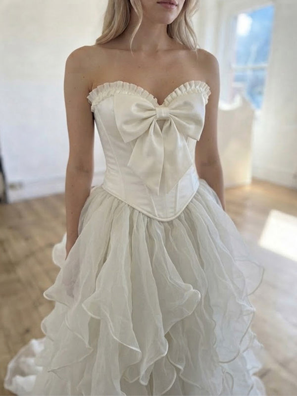 Elegant Ivory Bow Strapless A-line Tiered Tulle Wedding Dress, WD32232