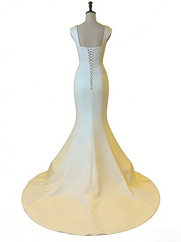 Elegant White Square Mermaid Wedding Dress with Cap Sleeves ,PD37962 AlineBridal Elegant White Square Mermaid Wedding Dress with Cap Sleeves ,PD37962 AlineBridal