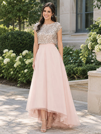 Elegant Pink Sequins Sleeve Two Poeces Long Bridesmaid Dress, Cheap Evening Dress, WG38