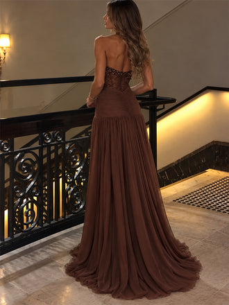 Elegant Brown Beaded Strapless Pleated A-line Chiffon Evening Dress, Prom Dress, PD28231306