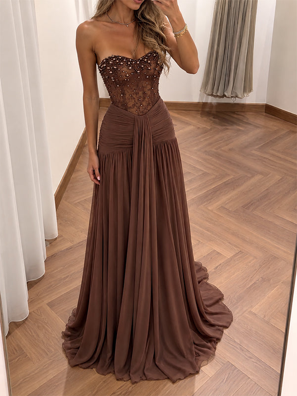 Elegant Brown Beaded Strapless Pleated A-line Chiffon Evening Dress, Prom Dress, PD28231306