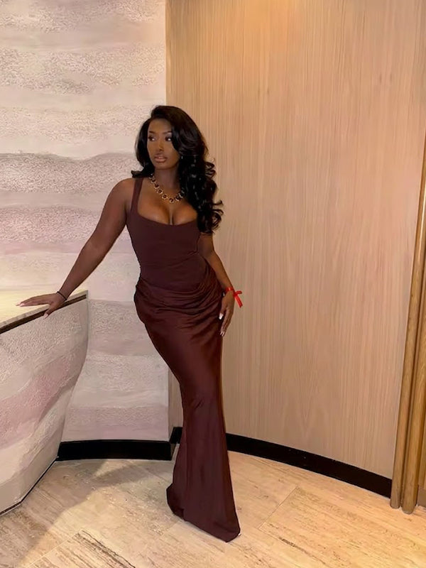 Sexy Chocolate Brown Strapless Satin Maxi Evening Dress, Prom Dress, PD28231219