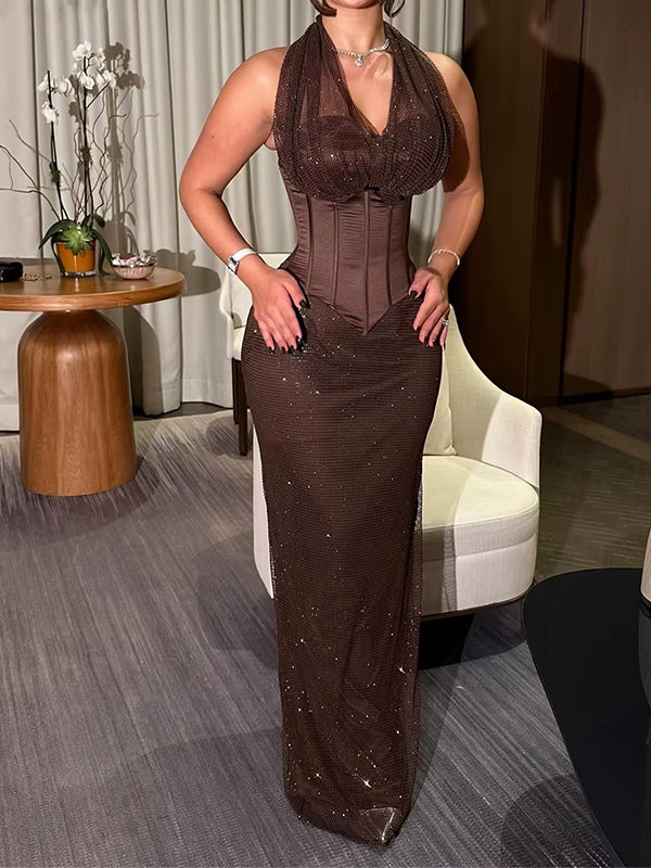 Sexy Brown Halter V-neck Halter Mermaid Evening Dress, Prom Dress, PD28231228