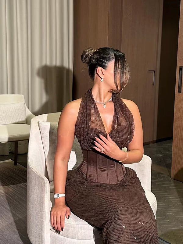 Sexy Brown Halter V-neck Halter Mermaid Evening Dress, Prom Dress, PD28231228