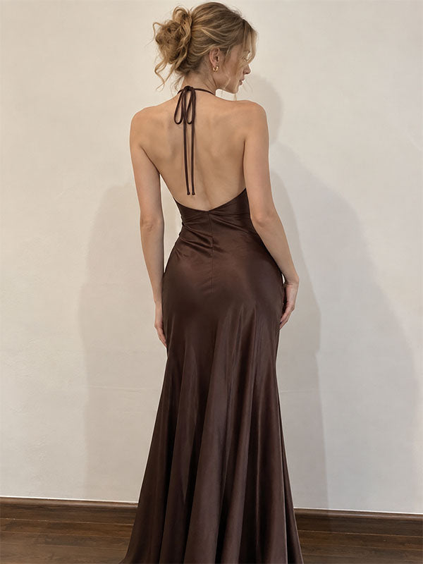 Sexy Brown V-neck Halter Mermaid Long Prom Dress, Evening Dress, PD38116