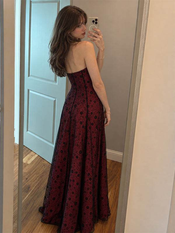 Vintage Burgundy Floral Lace Strapless A-line Prom Dress, Evening Dress, PD28231255