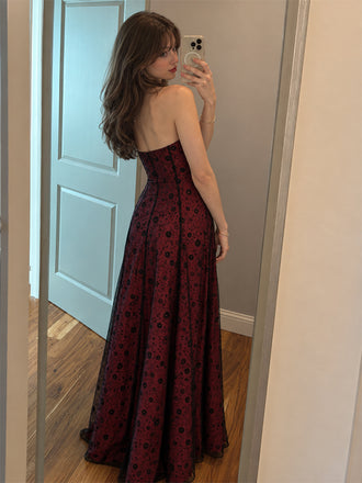 Vintage Burgundy Floral Lace Strapless A-line Prom Dress, Evening Dress, PD28231255