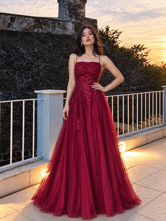 Elegant Burgundy Floral Sequin A-line Tulle Prom Dress, Evening Dress, PD28231291