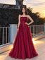 Elegant Burgundy Floral Sequin A-line Tulle Prom Dress, Evening Dress, PD28231291