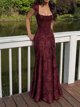 Vintage Burgundy Square Satin A-line Prom Dress with Cap Sleeves, Evening Dress, PD28231250