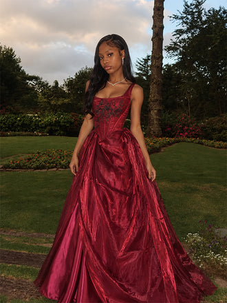 Vintage Inspired Burgundy Square Neck Corset A-line Prom Ball Gown, Evening Dress, PD28231278