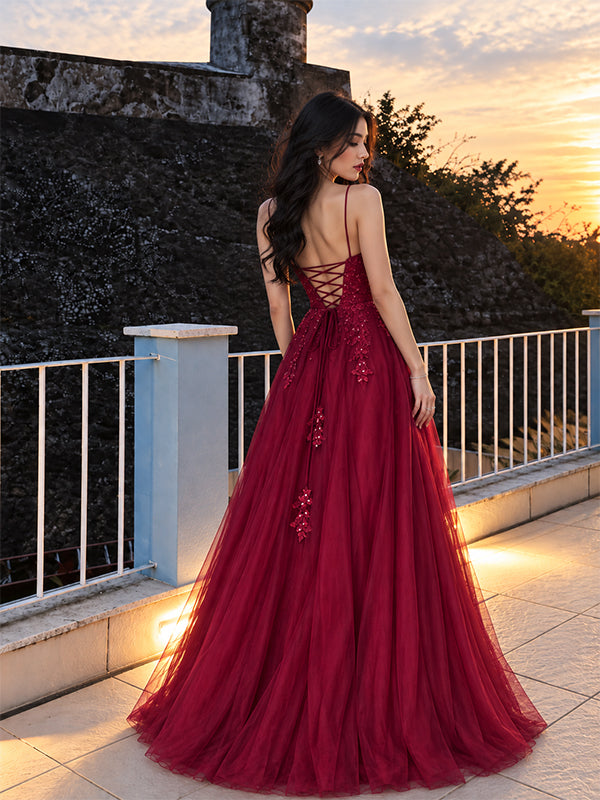 Elegant Burgundy Floral Sequin A-line Tulle Prom Dress, Evening Dress, PD28231291