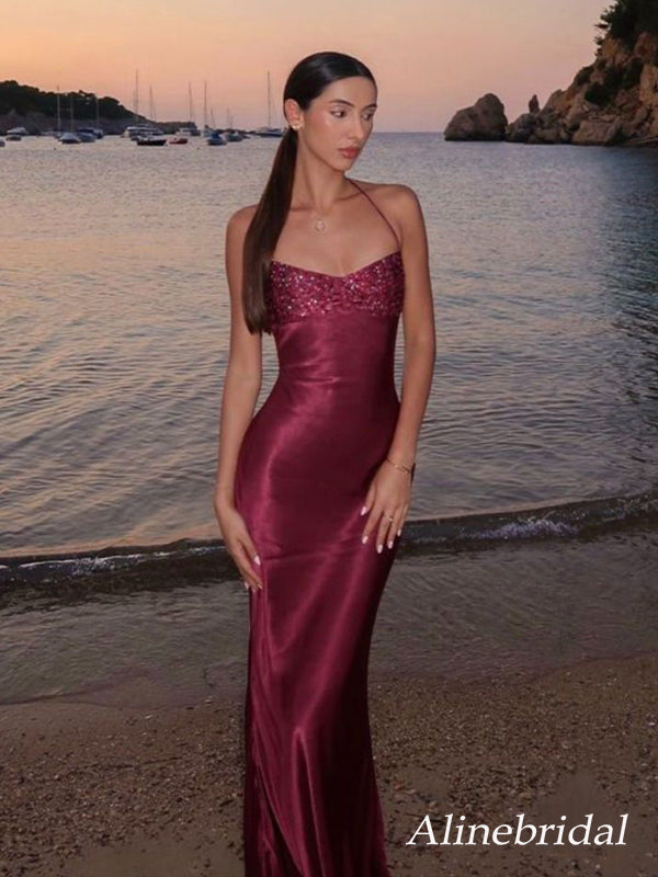 Elegant Burgundy Beaded Halter Mermaid Prom Dress, Evening Dress, PD38 AlineBridal Elegant Burgundy Beaded Halter Mermaid Prom Dress, Evening Dress, PD38 AlineBridal