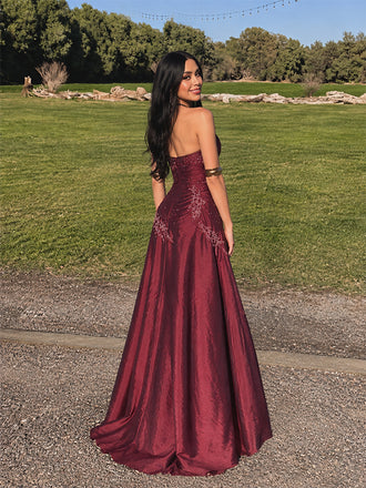 Vintage Burgundy Satin Floral Beaded A-line High Low Prom Dress, PD28231264