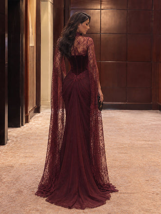 Elegant Burgundy Velvet High Neck Mermaid Evening with Sheer Lace Cape, PD28231263