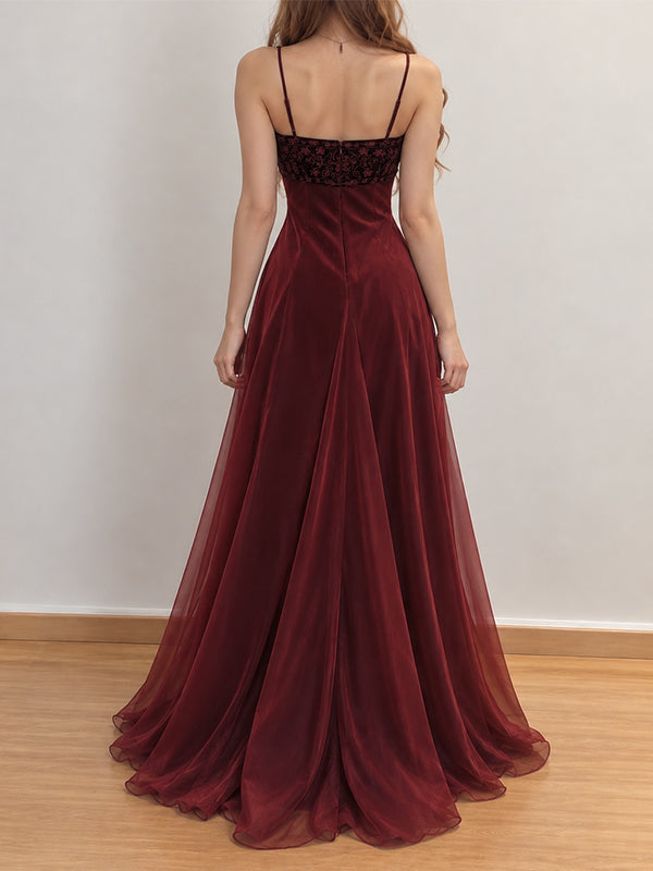 90s Vintage Burgundy Velvet A-line Evening Dress with Embroidered Corset, Prom Dress, PD28231308