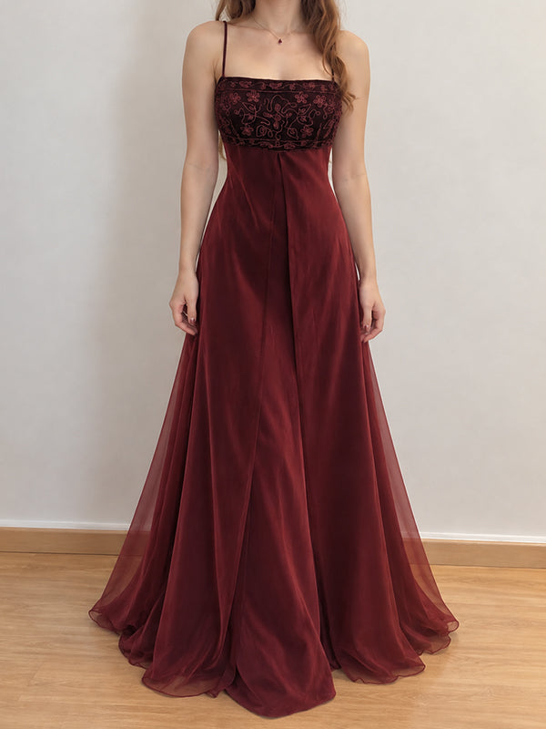 90s Vintage Burgundy Velvet A-line Evening Dress with Embroidered Corset, Prom Dress, PD28231308