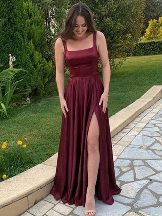 Elegant Burgundy Square A-line Evening Dress with Slit, PD2823091