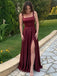 Elegant Burgundy Square A-line Evening Dress with Slit, PD2823091
