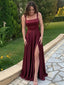 Elegant Burgundy Square A-line Evening Dress with Slit, PD2823091