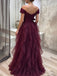 Elegant Burgundy V-neck Off-Shoulder A-line Evening Party Dress, PD37787