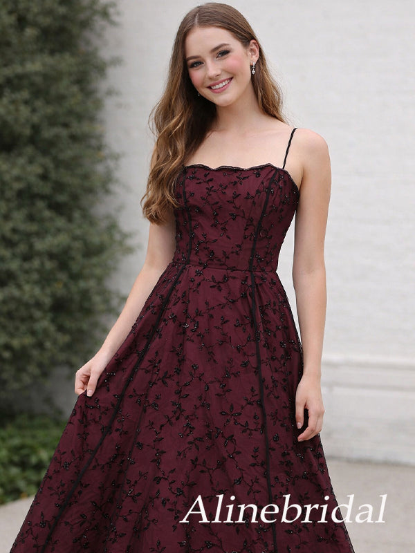 Unique Burgundy Floral Lace A-line Prom Dress, Evening Dress, PD3822997