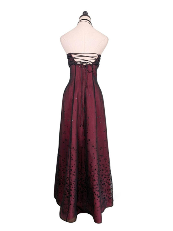 Gothic Burgundy Strapless Strarry A-line Tulle Prom Dress, Evening Dress, PD28231227