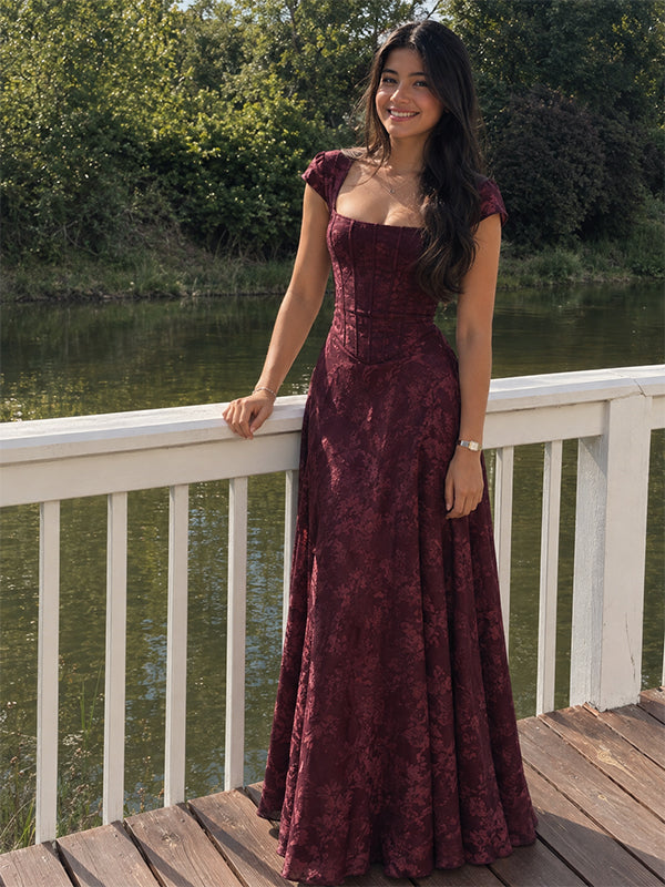 Vintage Burgundy Square Satin A-line Prom Dress with Cap Sleeves, Evening Dress, PD28231250