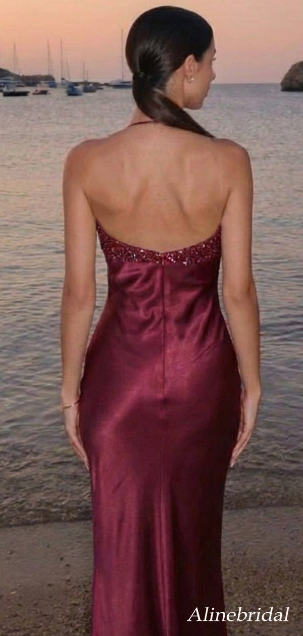 Elegant Burgundy Beaded Halter Mermaid Prom Dress, Evening Dress, PD38 AlineBridal Elegant Burgundy Beaded Halter Mermaid Prom Dress, Evening Dress, PD38 AlineBridal