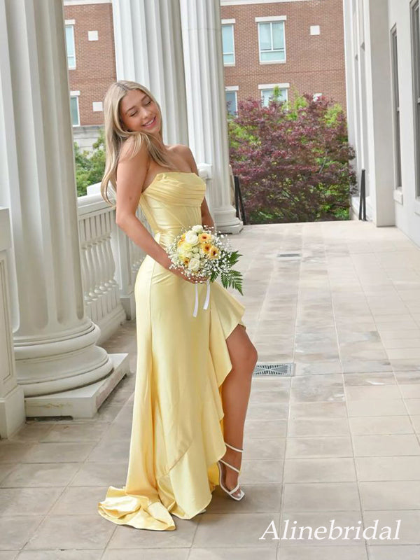 Elegant Yellow Strapless Ruffles Corset Prom Dress with Slit, PD382266 – AlineBridal