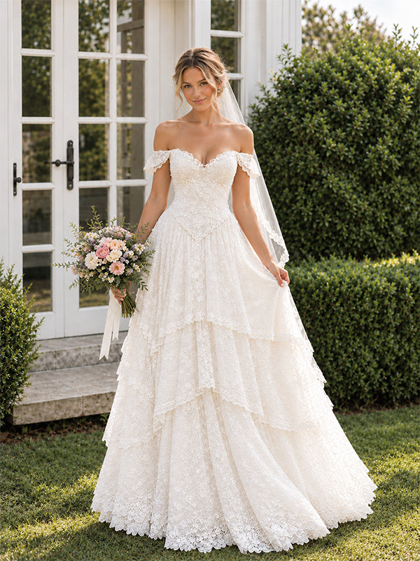 Romantic Vintage Tiered Lace A-line Wedding Dress with with Convertible Cap Sleeves, WD32247