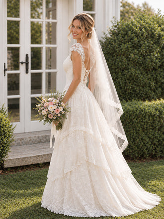 Romantic Vintage Tiered Lace A-line Wedding Dress with with Convertible Cap Sleeves, WD32247