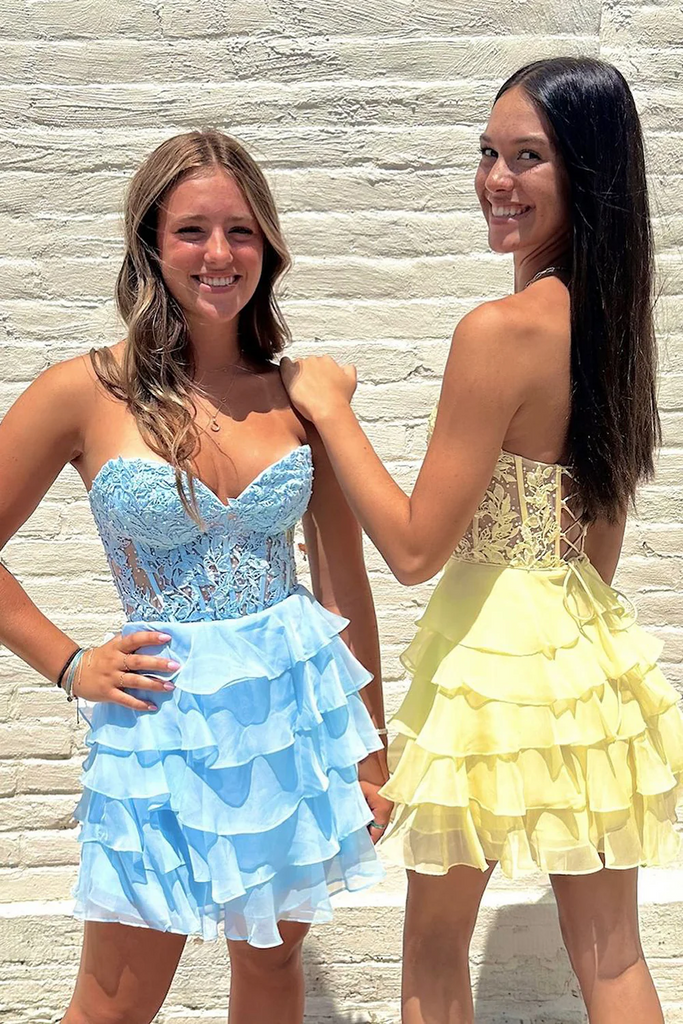 Elegant Yellow Chiffon Strapless A-line Ruffles Short Homecoming Dress, HD32795