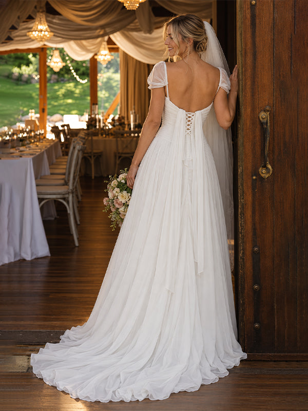 Elegant Ivory Chiffon Low Back A-Line Wedding Gown, Evening Gown, PD37673