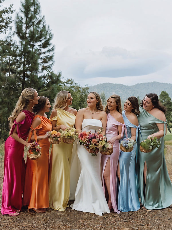 Muti-Color One Shoulder Satin Long Bridesmaid Dress, PD2823078