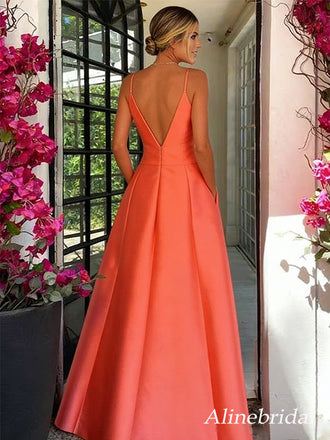 Elegant Coral Orange V-neck A-line Long Prom Dress, Evening Dress, PD381836