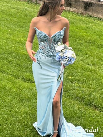 Stunning Blue Lace Appliques Strapless Mermaid Prom Dress with Slit, Evening Dress, PD3823045