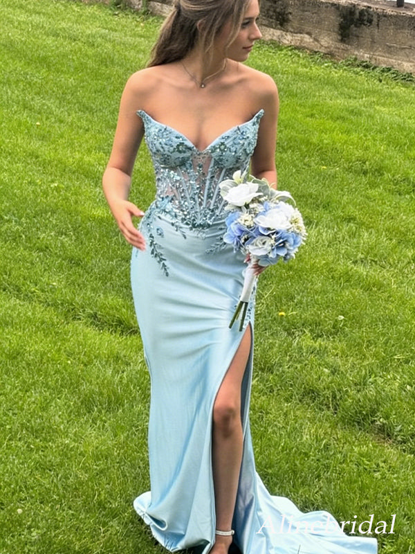 Stunning Blue Lace Appliques Strapless Mermaid Prom Dress with Slit, E AlineBridal Stunning Blue Lace Appliques Strapless Mermaid Prom Dress with Slit, E AlineBridal
