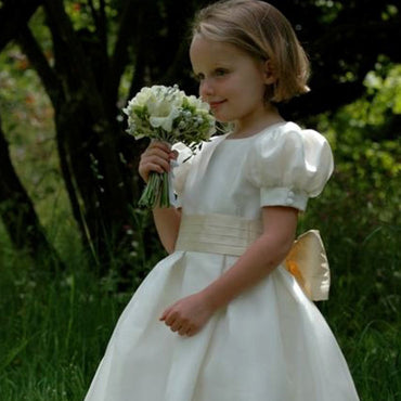 Elegant Ivory A-line Satin A-line Flower Girl Dress with Bubble Sleeves, FGS193
