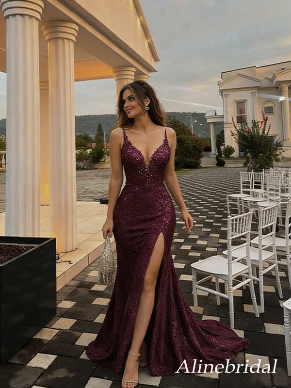 Elegant Purple Lace Beaded Backless Mermaid Prom Dress with Slit-Long Evening Dress, PD37744
