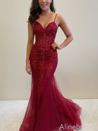 Stunning Red Sequins Spaghetti Strap Mermaid Long Prom Dress, Tiered Tulle Evening Dress, PD3823002