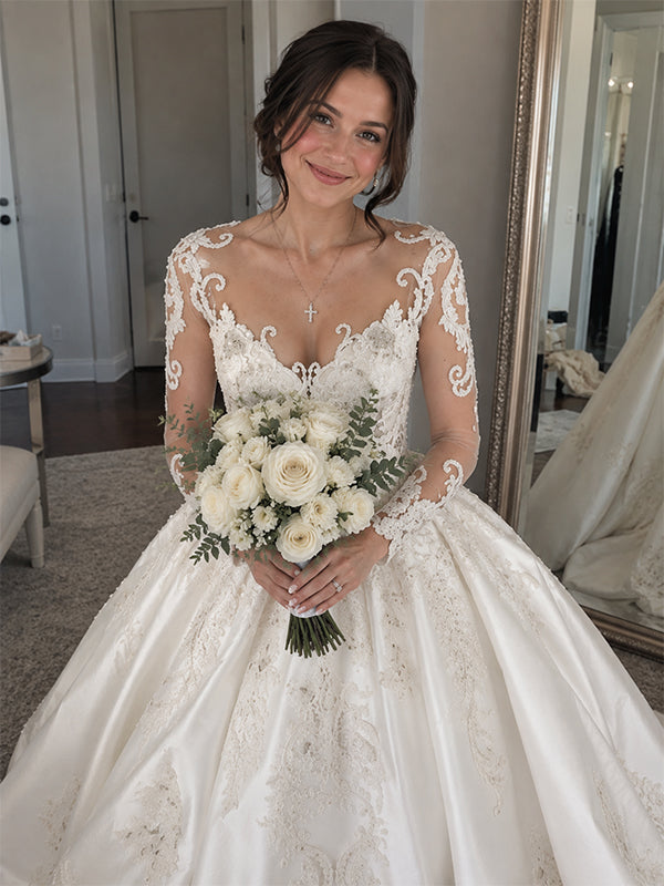 Gorgeous Long Sleeves Lace Applique A-Line Wedding Dress with Train, WD1114