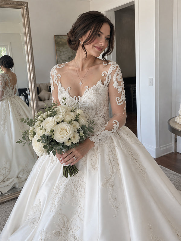Gorgeous Long Sleeves Lace Applique A-Line Wedding Dress with Train, WD1114