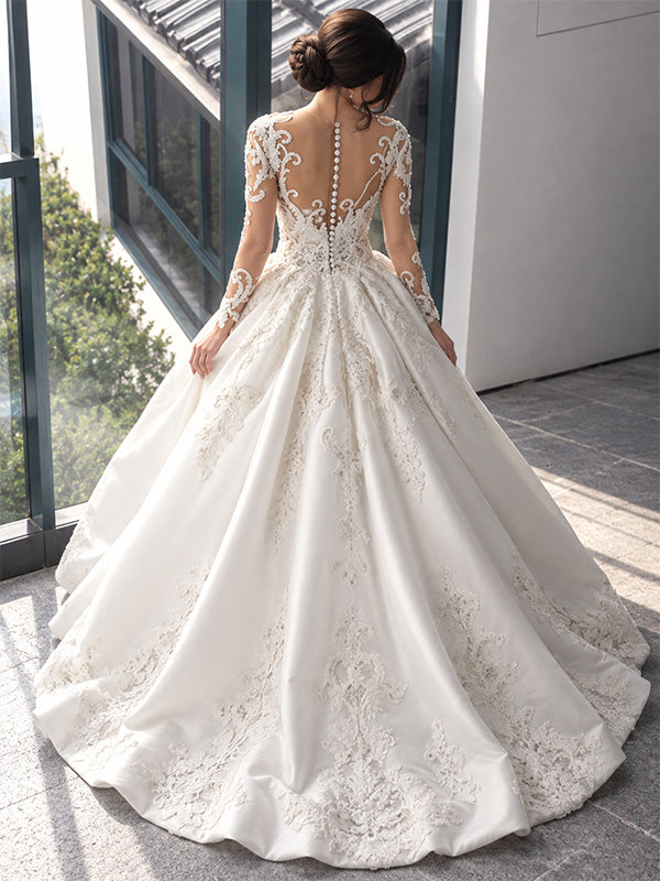 Gorgeous Long Sleeves Lace Applique A-Line Wedding Dress with Train, WD1114