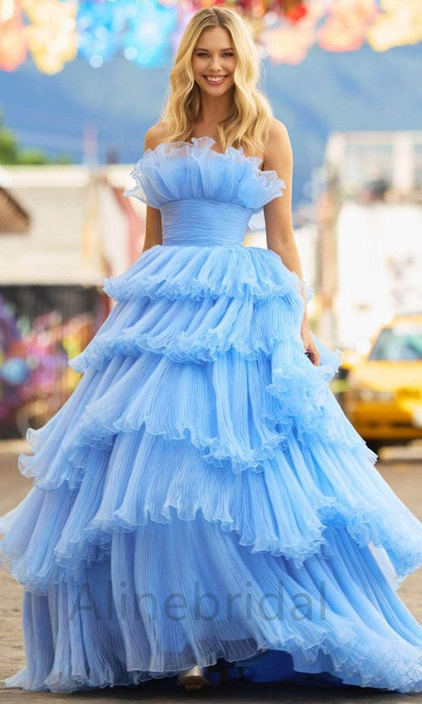 Blue Elegant Strapless Sleeveless A-line Long Prom Dress, PD3625