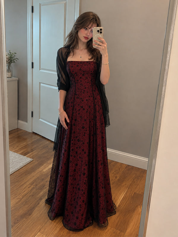 Vintage Burgundy Floral Lace Strapless A-line Prom Dress, Evening Dress, PD28231255