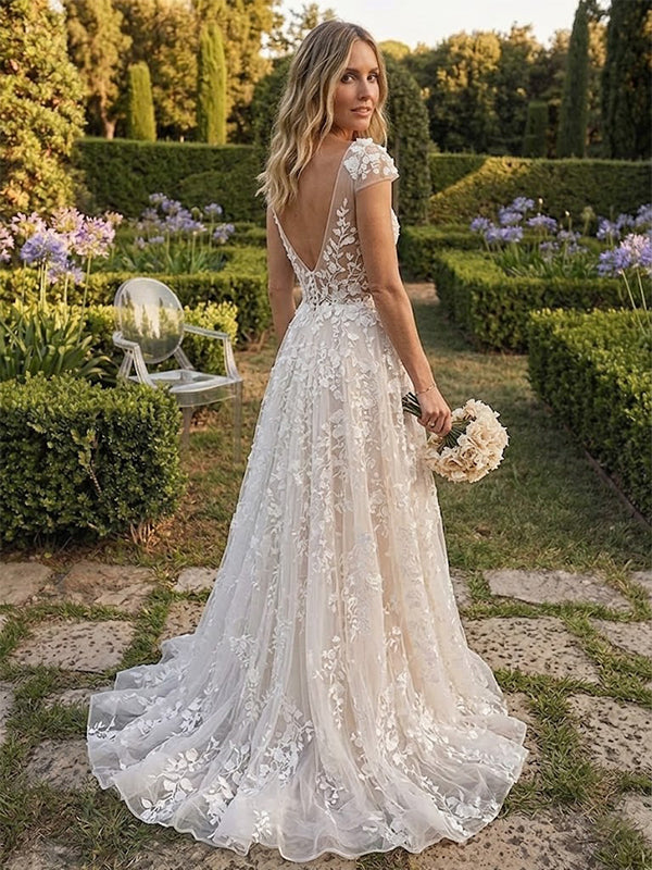 Gorgeous V-neck 3-D Floral A-line Wedding Dress with Cap Sleeves, WD3119