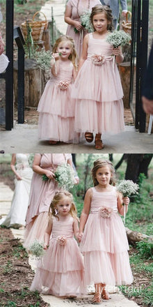 Cute Pink Tiered A-line Tulle Flower Girl Dress with Bow Detailing, FGS192