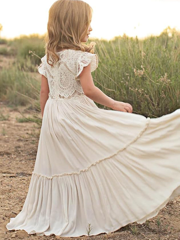 Elegant Ivory Lace Appliques A-line Long Flower Girl Dresses, FGS154