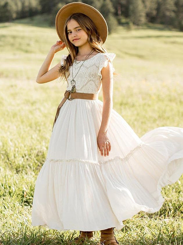 Elegant Ivory Lace Appliques A-line Long Flower Girl Dresses, FGS154